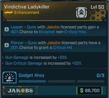 Borderlands 4⭐VINDICTIVE LADYKILLER ENHANCEMENT⭐JAKOBS⭐GUN DMG, GUN CRIT