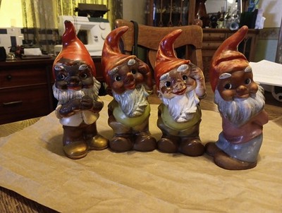 4 vintage GARDEN GNOME West Germany Heissner plastic, 7'' whimsical statue 
