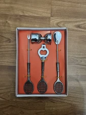 VINTAGE DE LUXE TENNIS BAR TOOL SET - FORK, BOTTLE OPENER SPOON, JIGGER - NEW