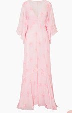 LoveShackFancy Brinley Maxi Dress Pink Floral Silk Chiffon Ruffle V-Neck Sz 2