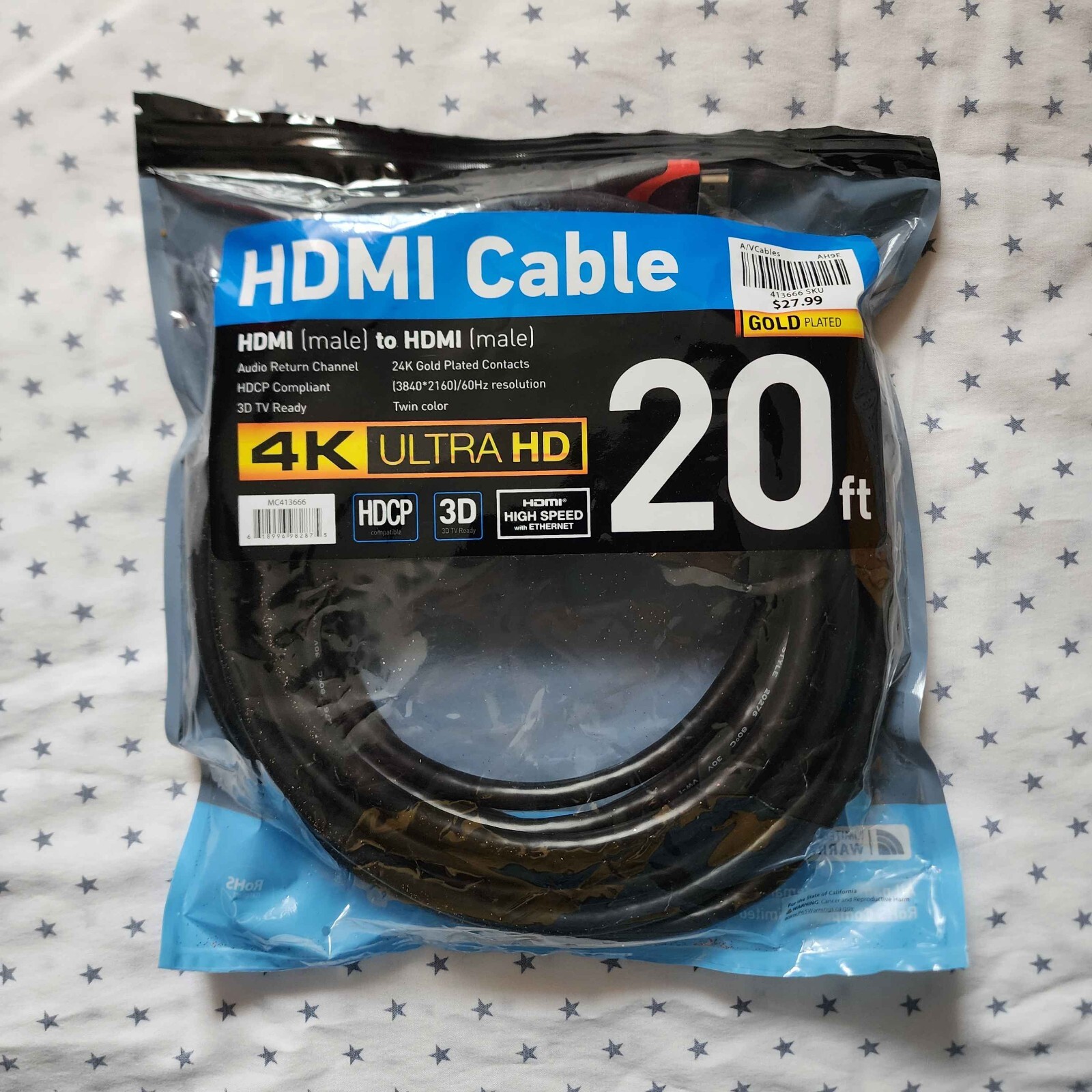 4K Ultra HD HDMI Cable Male to Male Gold Plated High Speed with Ethernet 20 Feet-image