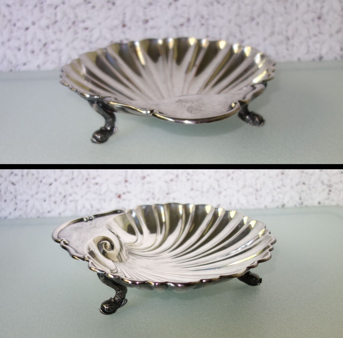 CLAM SHELL DISH BOWL DOLPHIN FOOTED Silver Plate on Copper 7.5” by