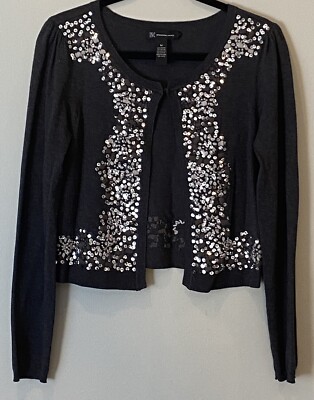 INC International Concepts Womens Crop Cardigan Size M Gray Embroidered Sequins