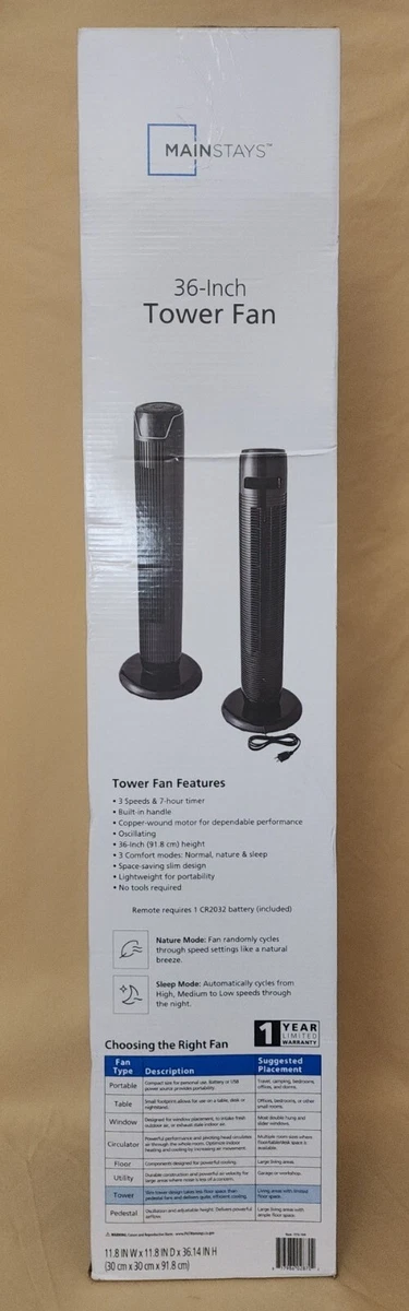 Mainstays 36 3-Speed Oscillating Tower Fan, Model# FZ10-19JR, Black NEW  817986028702 | eBay