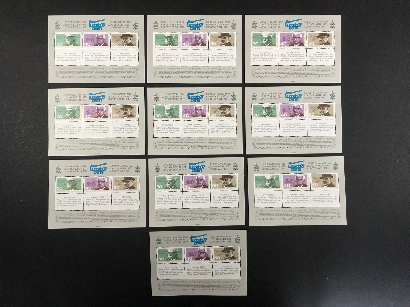 GERMANY S/S 1977 LUPOSTA AVIATION ZEPPELIN OBERTH GRADE DRAFTS! ENGROS 10x m5445