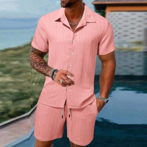 Conjunto de 2 trajes informales de manga corta y pantalones cortos de verano para hombre❤ - Imagen 13 de 23
