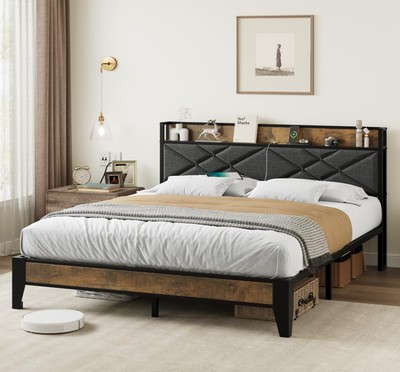 Full / Queen Size Bed Frame Upholstered Storage Headboard with Charging Station
