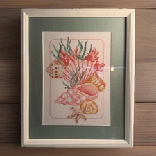 Vintage Cross-Stitch Pro-framed completed Embroidery Shell Coral “Sand and Sea"