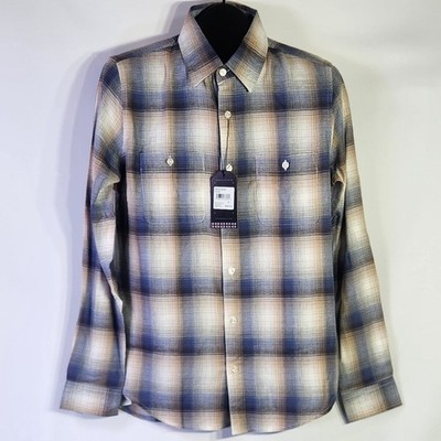 NWT Ben Sherman Blue & Tan Plaid Two Pocket Long Sleeve Button Up Shirt   Size S