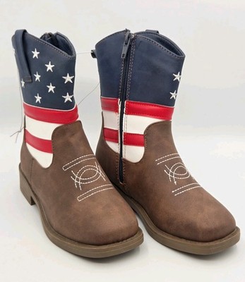 Brand New Pawz Kids Big Boy's Size 2 Cowboy Boots American Flag Zip Side America