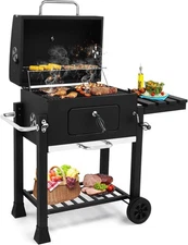 Charcoal Grill w/Side Tables, Large Cooking Area, Pull-Out Ash Tray, BBQ Grill