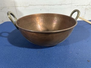Pure Hammered Copper Bowl Marked “Frugal Cannibal” 11” Diameter; Brass Handles