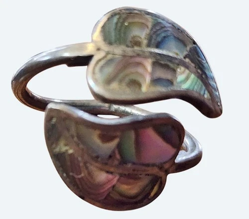 Vintage Taxco Mexico Sterling Silver Abalone Inlay Double Leaf Adjustable Ring S