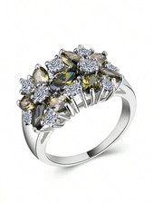 Olive Green Cubic Zirconia Flower Cluster Ring For Women Size 6 7 8 9 10