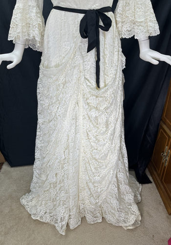Vestido de novia eduardiano vintage años 60 70 marfil drapeado encaje volantes lentejuelas manga M - Imagen 2 de 21