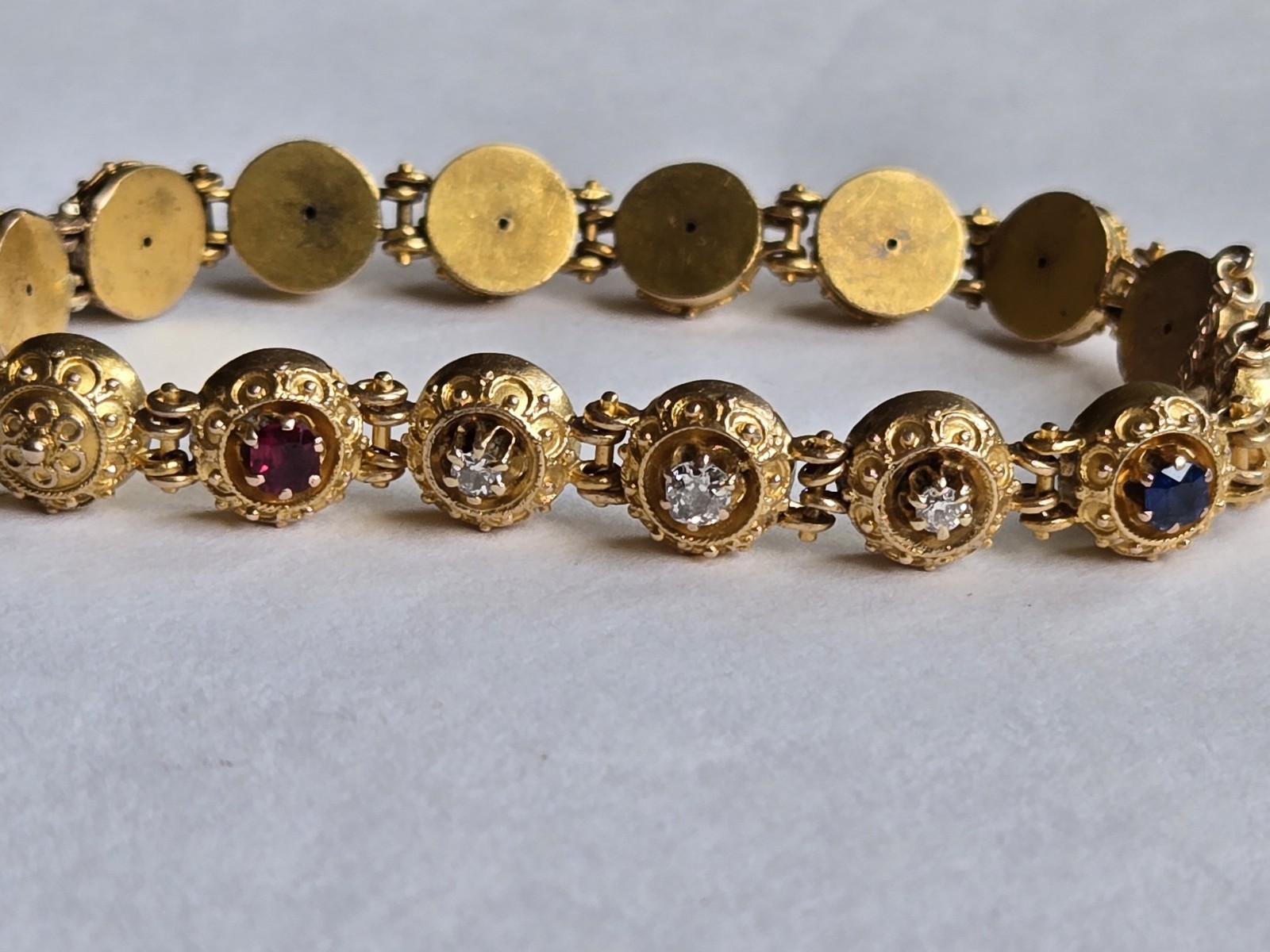 Vintage 14K Solid Gold Diamond Ruby Sapphire Butt… - image 2