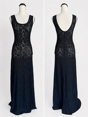 Fuzzi Black Sheer Floral Lace Mesh Maxi Dress XL Italy Made Stretch Whimsigoth