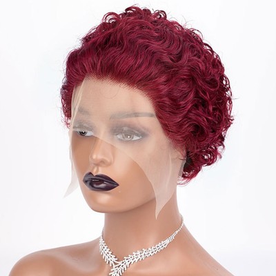Black Burgundy Red Curly Pixie Cut Wig Lace Front Human Hair  display picture 2