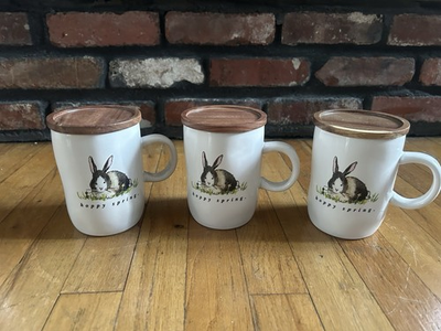 #ad Rae Dunn quot;Hoppy Springquot; Set Of 3 ceramic mugs With Wooden Lids $48.00