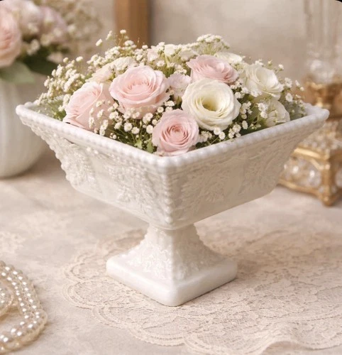 Vintage White Milk Glass Beaded Grape Square Footed Compote Fruit Bowl