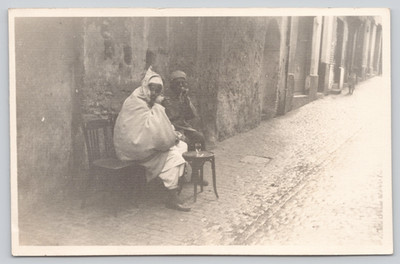 Postcard RPPC Two Figures Seated Cobblestone Street Algiers Algeria North Africa