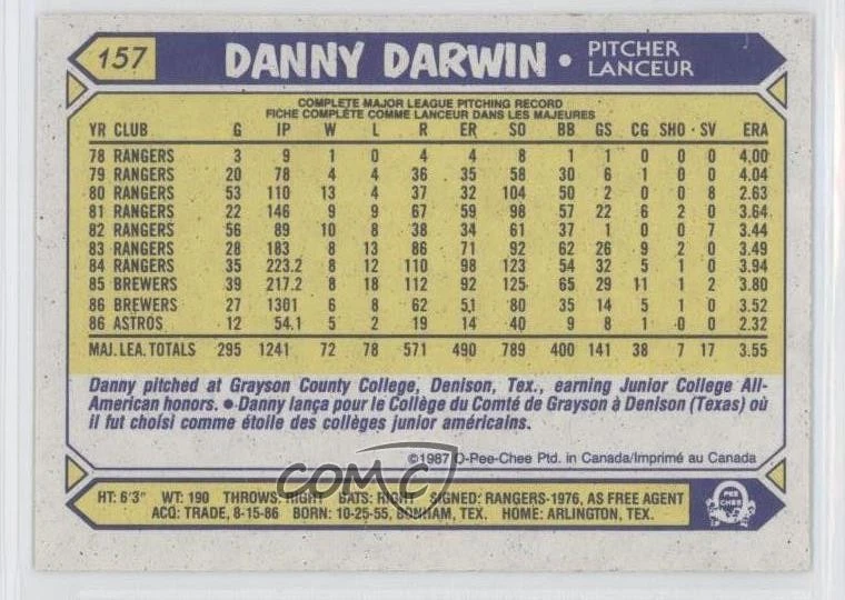 1987 O-Pee-Chee Danny Darwin #157 - Image 2 of 2