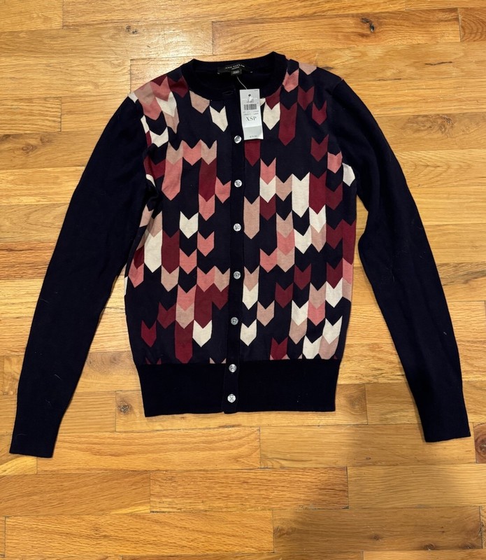 NWT Ann Taylor Petite XSP Blue w/Multicolor Geometric Pattern Cardigan