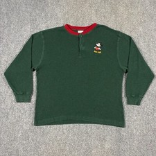 VINTAGE Disney Mickey Mouse Embroidered Thermal Henley Shirt Mens Large L Green