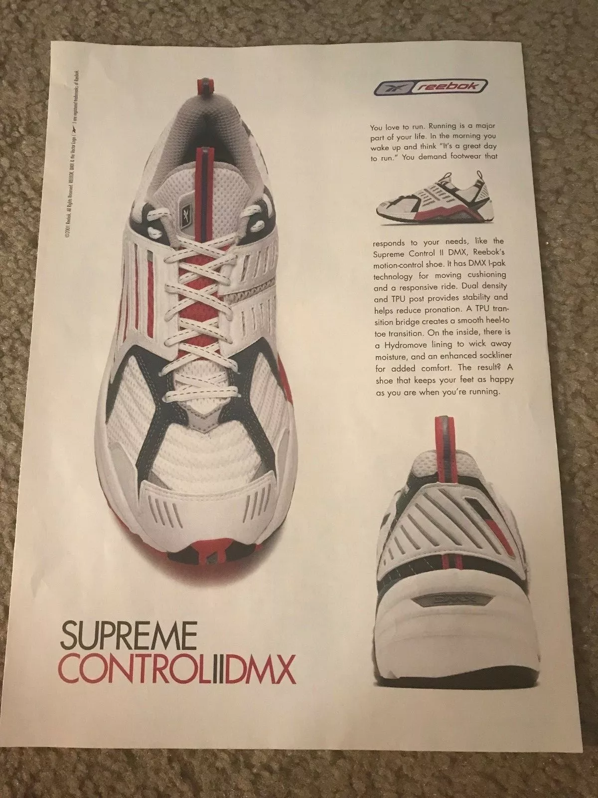 Vintage 2001 REEBOK SUPREME CONTROL II DMX 2 affiches imprimé publicité chaussures de course RARE