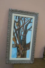 Vintage oil on Artists panel painting 10" x 22"  Abstract Tree Woodpecker Framed