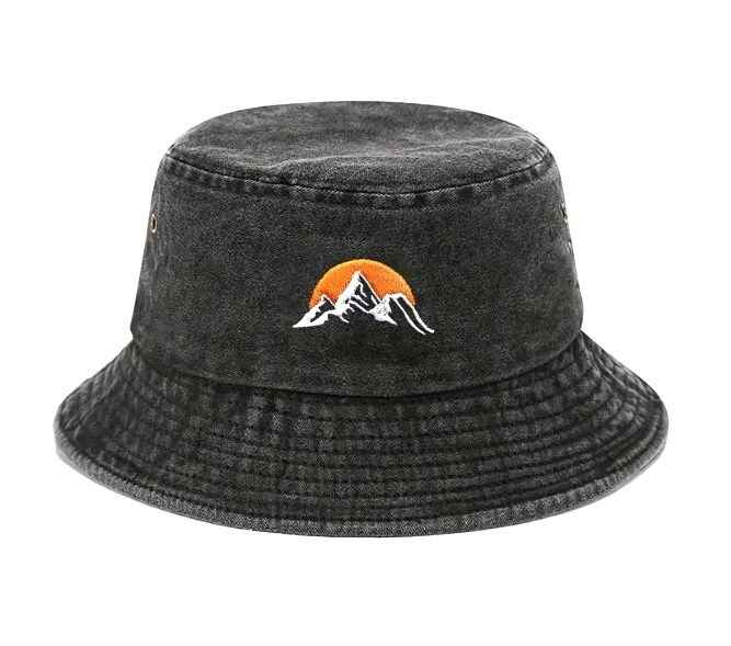Embroidered Mountain Sunrise - Distressed Black Soft Bucket Hat W/Vent Grommets