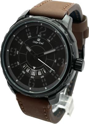 Oskar Emil Classic CLIMAX Herren Qualität S Stahl Uhr mit Datum braunes Lederarmband