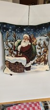 Vtg Christmas Pillow- Santa Chimney w/ Reindeer By Hallmark, Tapestry Pillow 16"