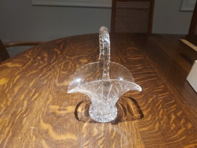 Vintage Large Clear Glass Etched Basket Elegant with Handle 8.5 Inch Tall