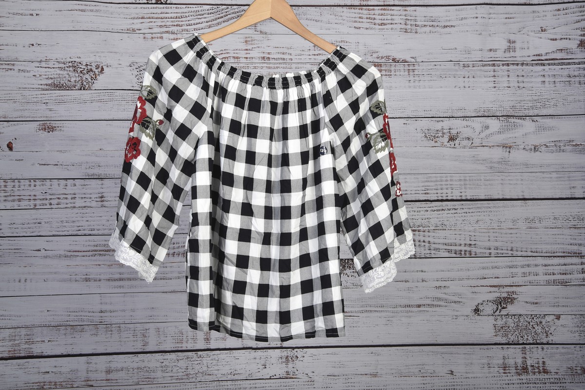Abercrombie Kids Black Buffalo Plaid Off Shoulder Long Sleeve