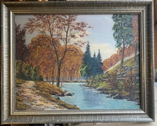 Oil painting autumn riverbank frame palette technique clearing park hill nature