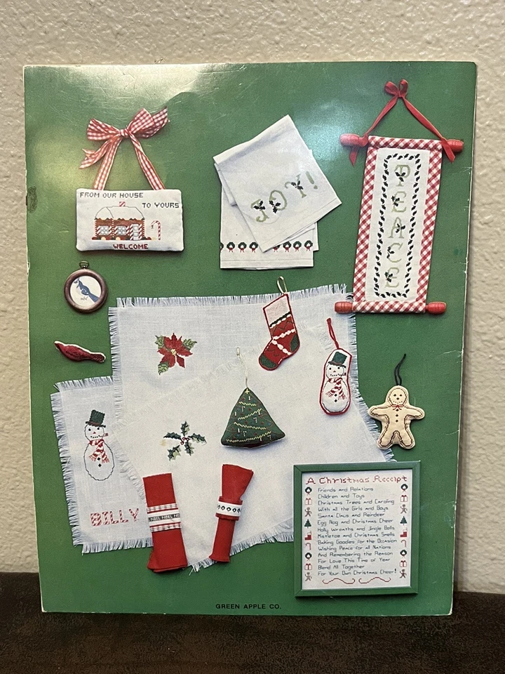 1978 Vintage Green Apple Christmas Snowman Holidays Cross Stitch Patterns Book - Image 4 of 4