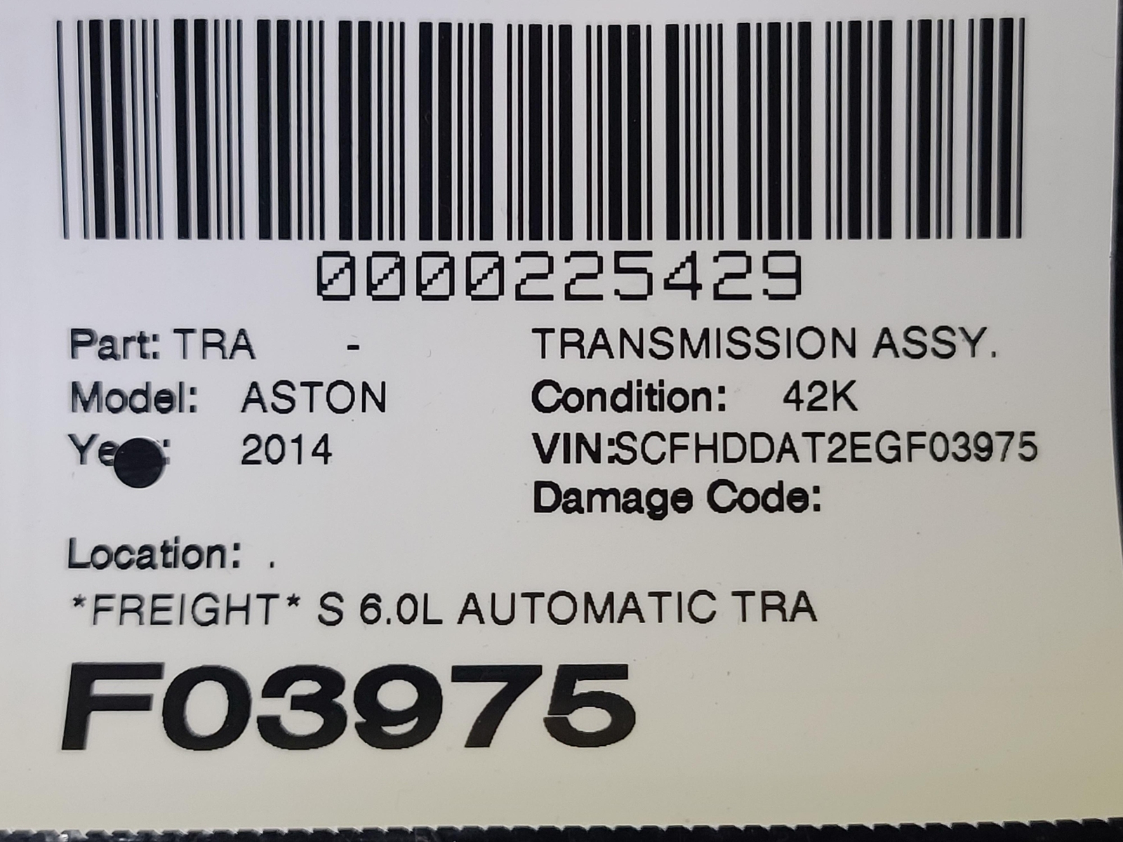 ASTON MARTIN RAPIDE S 6.0L AUTOMATIC TRANSMISSION 6HP-26 6SP 42k CD33-70041-AA