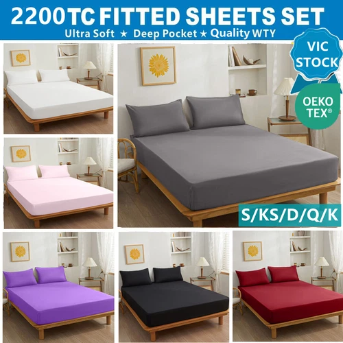 Hotel 2200TC Fitted Sheet Pillowcases Set Single/KS/D/Queen/King Size (No Flat)