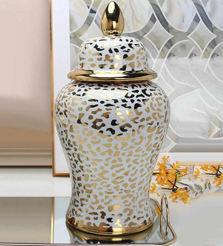 GODINGER PORCELANA JARRÓN GRANDE TARRO CENTRO DE MESA DORADO ESTAMPADO LEOPARDO CON TAPA 18" NUEVO Foto 4 de 4