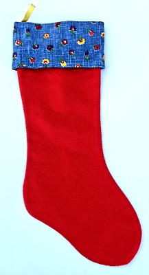 Vintage Christmas Stocking Handmade Retro Fabric lined red blue Flower corduroy