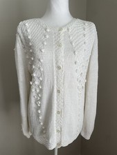Vintage Granny Cottage Core M/L Cream Sweater Cardigan Hand Made Bobble Cotton