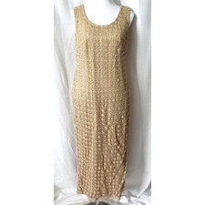 Vintage Handmade Crochet Floral Lace Midi Dress Champagne Beige Large