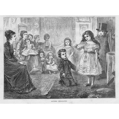 Victorian Parlour Games - Acting Charades - Antique Print 1871