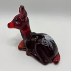 Fenton Ruby Red Glass Reclining Deer Fawn Figurine Hand Painted White Roses