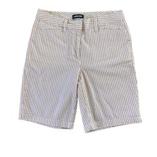 Lands' End Seersucker Shorts White Pink Travel Resort Modest Mid Rise Size 8 