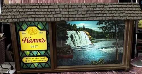 VINTAGE 1960s HAMM'S BEER SCENE-O-RAMA MOTION SIGN,  W/ WATERFALL CAMP CAMPFIRE