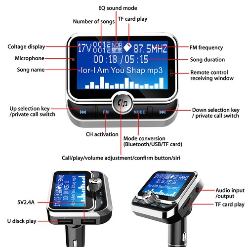 Kit mains libres double USB émetteur FM Bluetooth voiture sans fil écran 1,8 pouce - Photo 2 sur 9