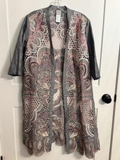 Chico's Kimono Jacket S/M Gray Linen Blend Embroidered Cutout Floral Duster