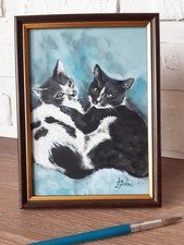 Peinture à l'huile pour deux chats animal de compagnie art original encadré 8...